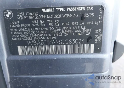 1995 BMW 325 Ic z USA, uszkodzony, nr VIN WBABJ5329SJC83026